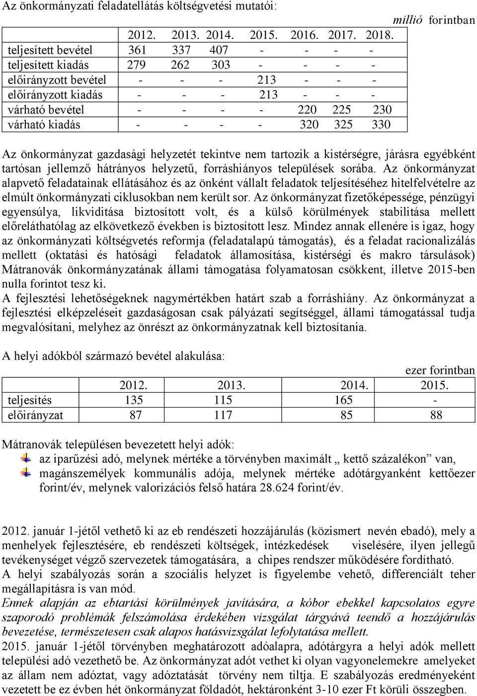 kiadás - - - - 320 325 330 Az önkormányzat gazdasági helyzetét tekintve nem tartozik a kistérségre, járásra egyébként tartósan jellemző hátrányos helyzetű, forráshiányos települések sorába.