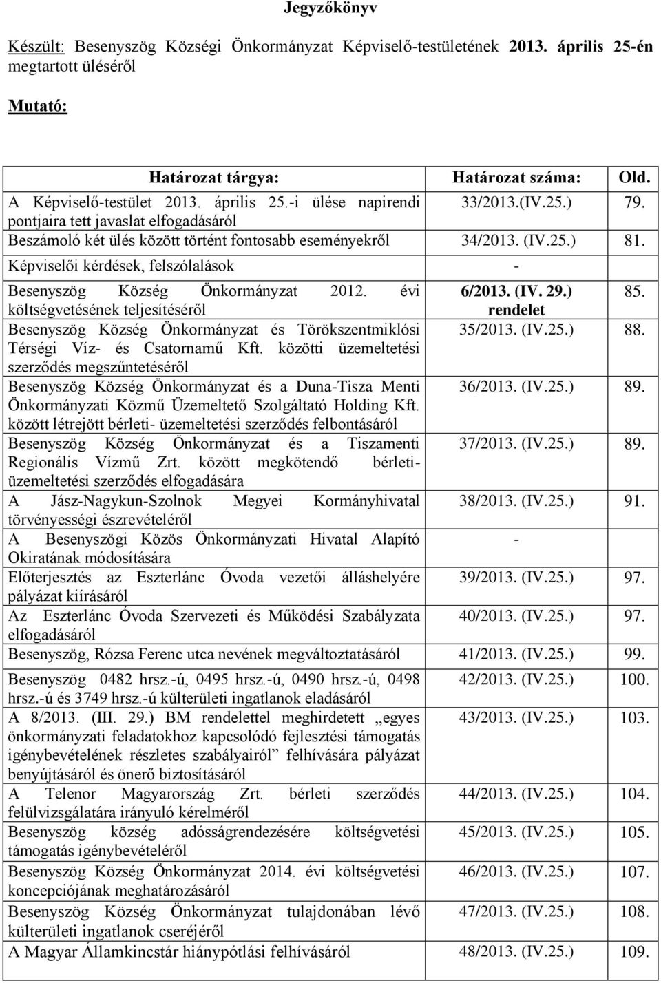 Képviselői kérdések, felszólalások - Besenyszög Község Önkormányzat 2012. évi 6/2013. (IV. 29.) 85.