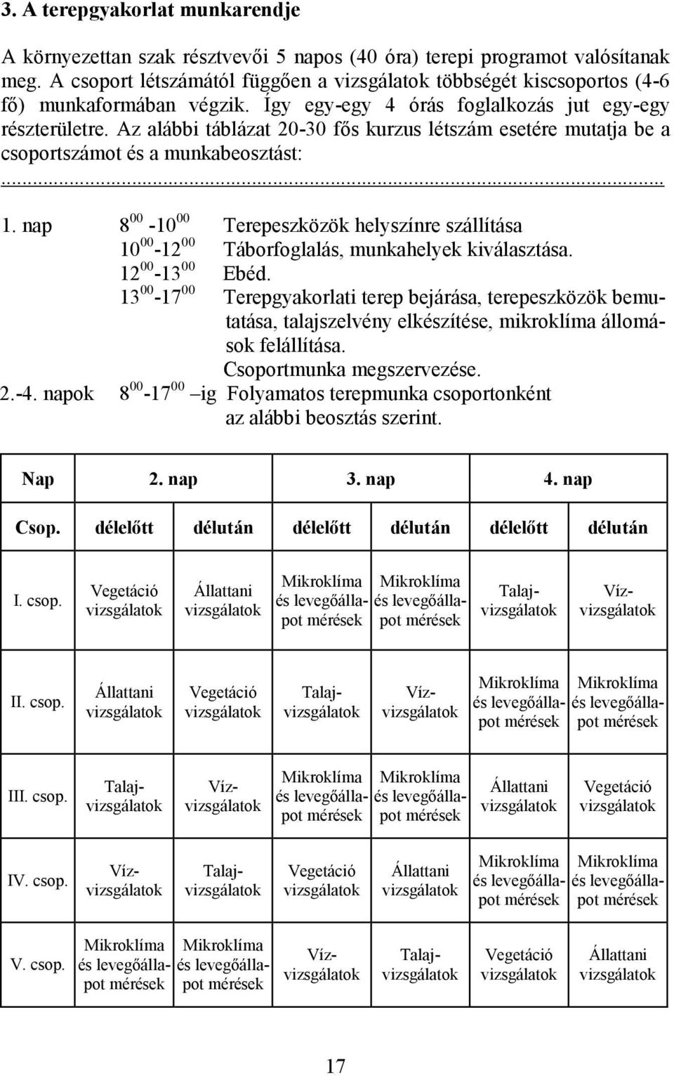 Az alábbi táblázat 20-30 fıs kurzus létszám esetére mutatja be a csoportszámot és a munkabeosztást:... 1.