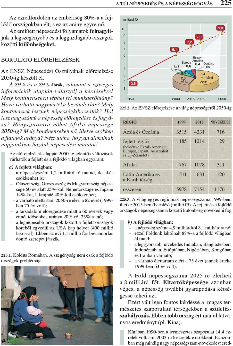 A 225.2. és a 225.3. ábrák, valamint a szöveges információk alapján válaszolj a kérdésekre! Mely kontinenseken léphet fel munkaerõhiány? Hová várható nagymértékû bevándorlás?