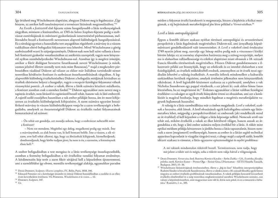 32 Az Esszék a festészetről első fejezete szinte hangsúlyosabb a látás tevékenységének tárgyában, mintsem a festészetében, az 1765-ös Salons Scuplture-fejezete pedig a szobrászat esztétikájának és