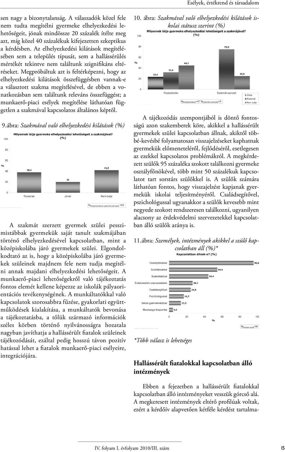 Az elhelyezkedési kilátások megítélésében sem a település típusát, sem a hallássérülés mértékét tekintve nem találtunk szignifikáns eltéréseket.