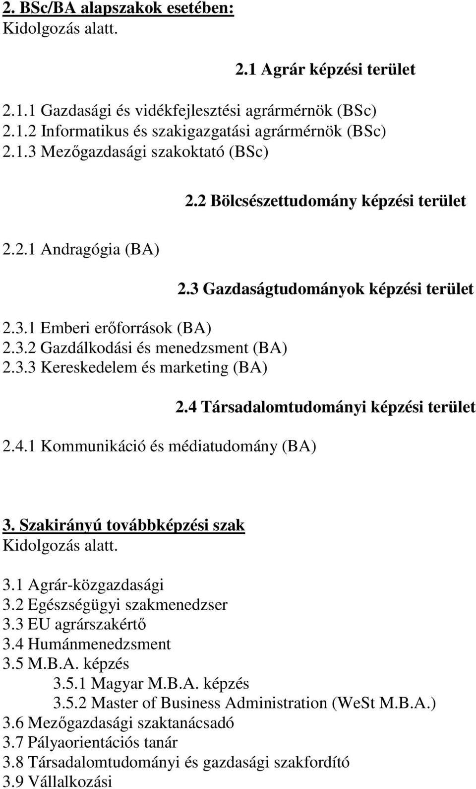 1 Kommunikáció és médiatudomány (BA) 2.3 Gazdaságtudományok képzési terület 2.4 Társadalomtudományi képzési terület 3. Szakirányú továbbképzési szak Kidolgozás alatt. 3.1 Agrár-közgazdasági 3.