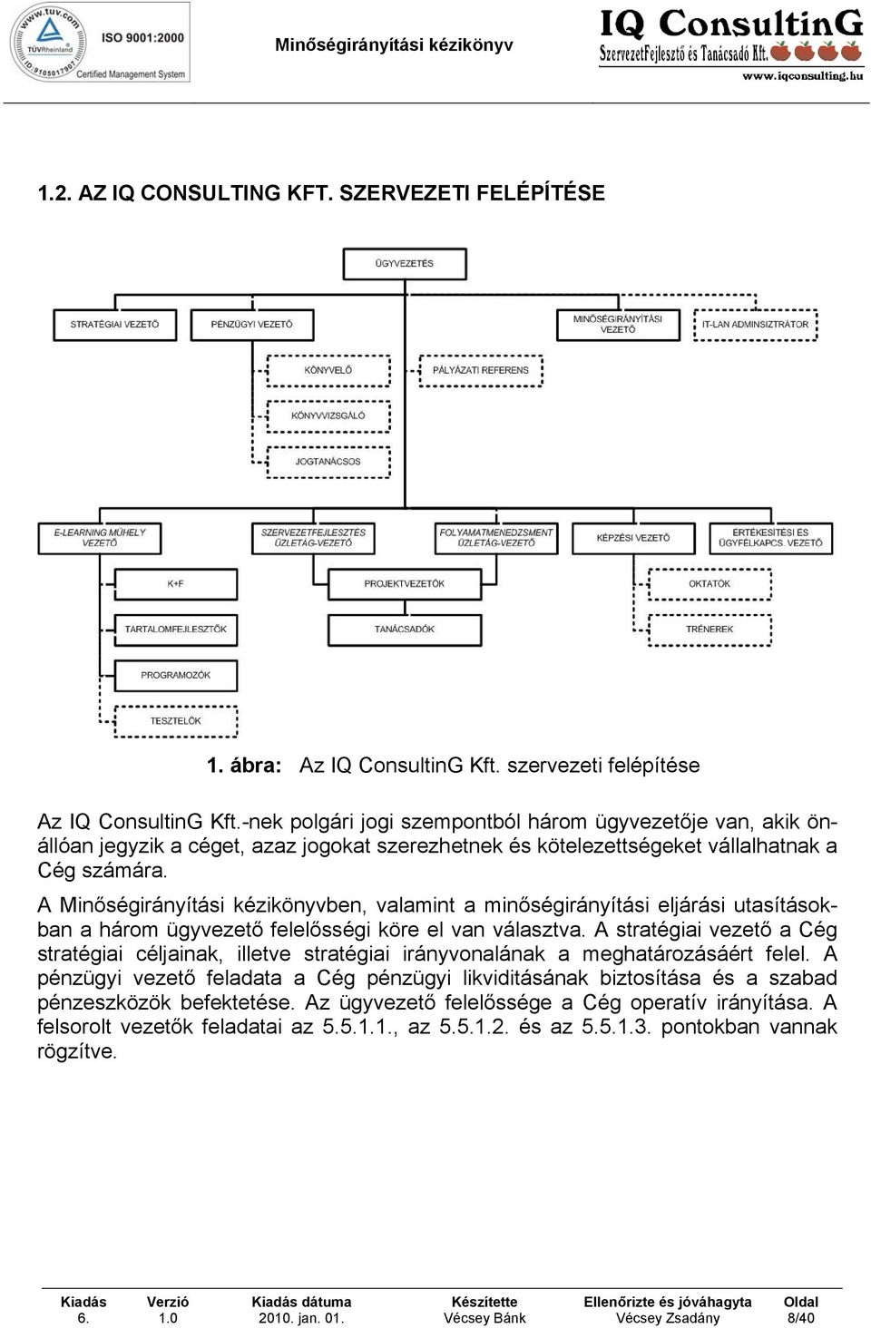 A Minőségirányítási kézikönyvben, valamint a minőségirányítási eljárási utasításokban a három ügyvezető felelősségi köre el van választva.