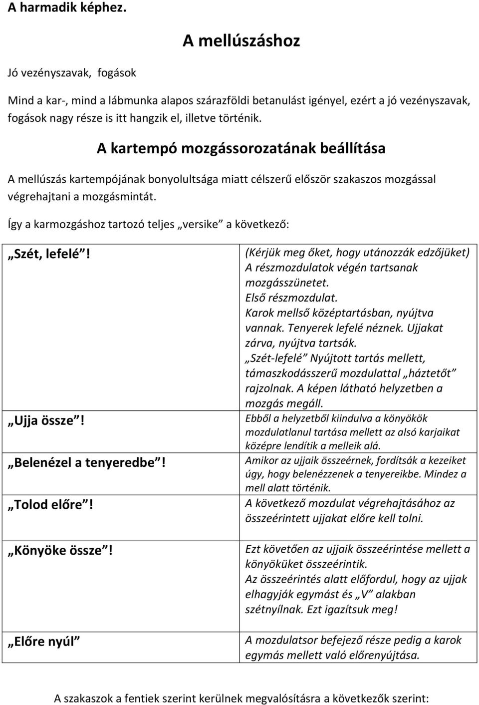 A kartempó mozgássorozatának beállítása A mellúszás kartempójának bonyolultsága miatt célszerű először szakaszos mozgással végrehajtani a mozgásmintát.