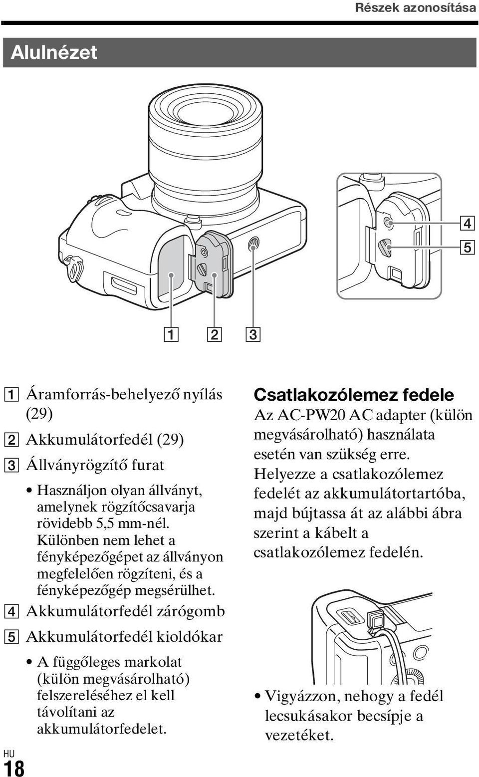 D Akkumulátorfedél zárógomb E Akkumulátorfedél kioldókar A függőleges markolat (külön megvásárolható) felszereléséhez el kell távolítani az akkumulátorfedelet.