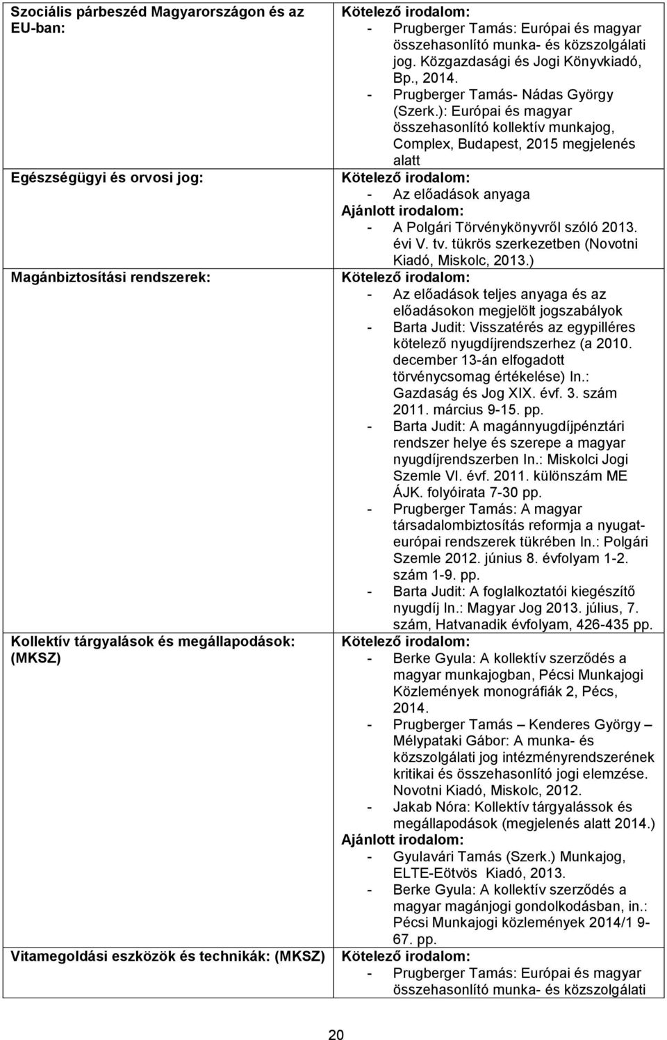 ): Európai és magyar összehasonlító kollektív munkajog, Complex, Budapest, 2015 megjelenés alatt - Az előadások anyaga - A Polgári Törvénykönyvről szóló 2013. évi V. tv.