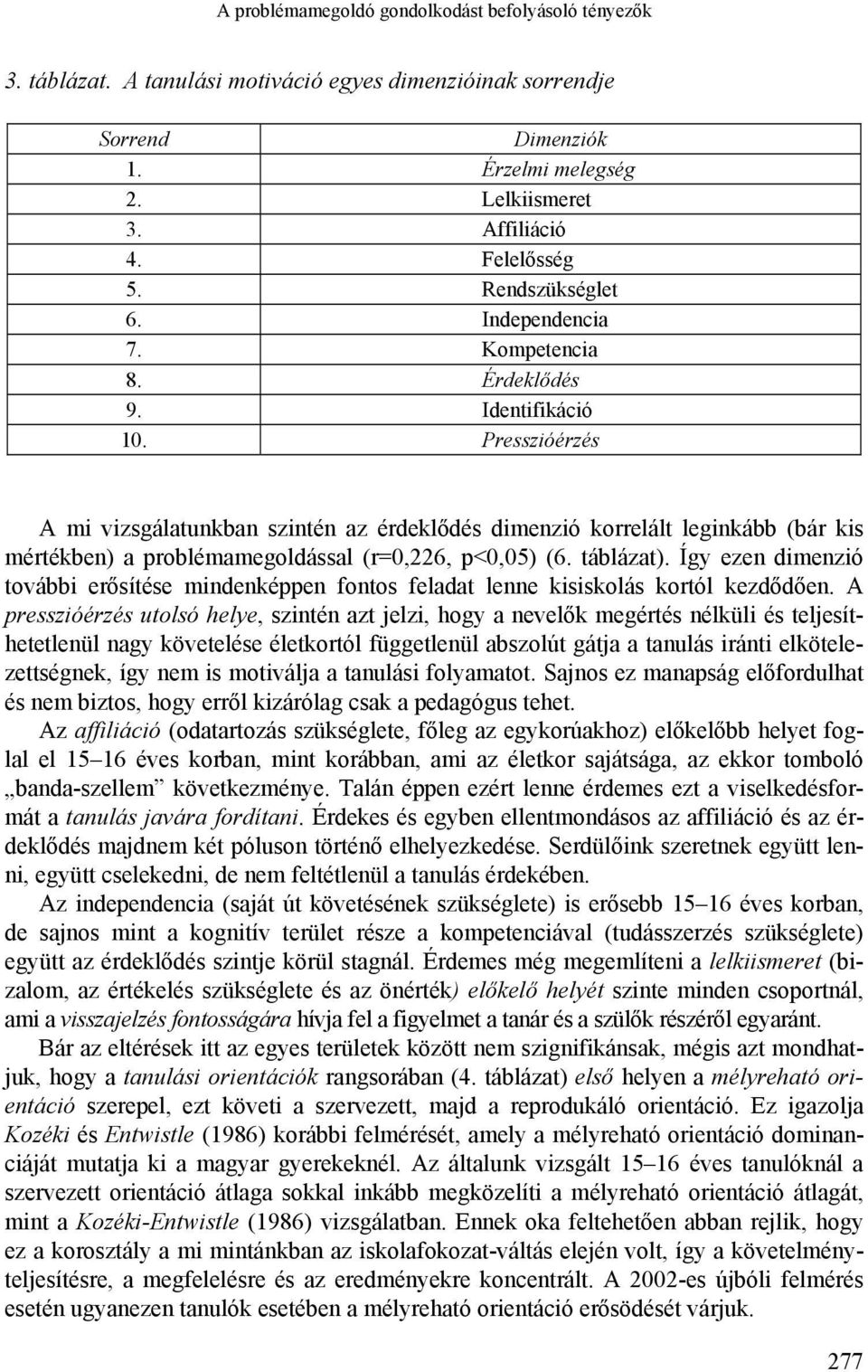 Presszióérzés A mi vizsgálatunkban szintén az érdeklődés dimenzió korrelált leginkább (bár kis mértékben) a problémamegoldással (r=0,226, p<0,05) (6. táblázat).