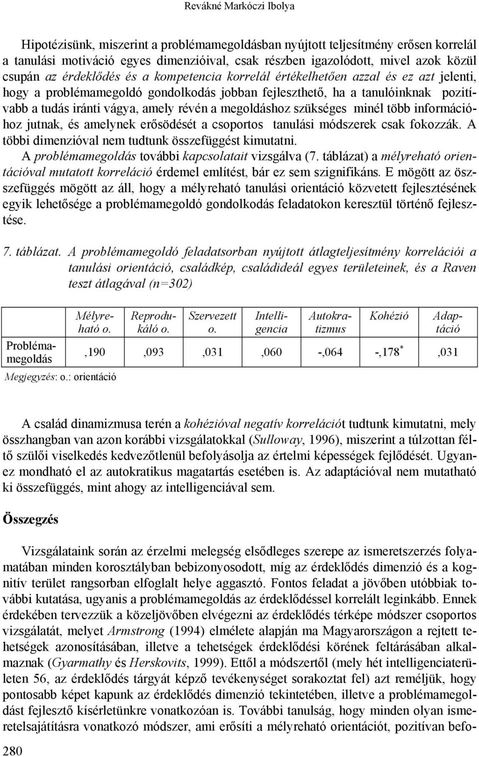 problémamegoldásban nyújtott teljesítmény erősen korrelál a tanulási motiváció egyes dimenzióival, csak részben igazolódott, mivel azok közül csupán az érdeklődés és a kompetencia korrelál