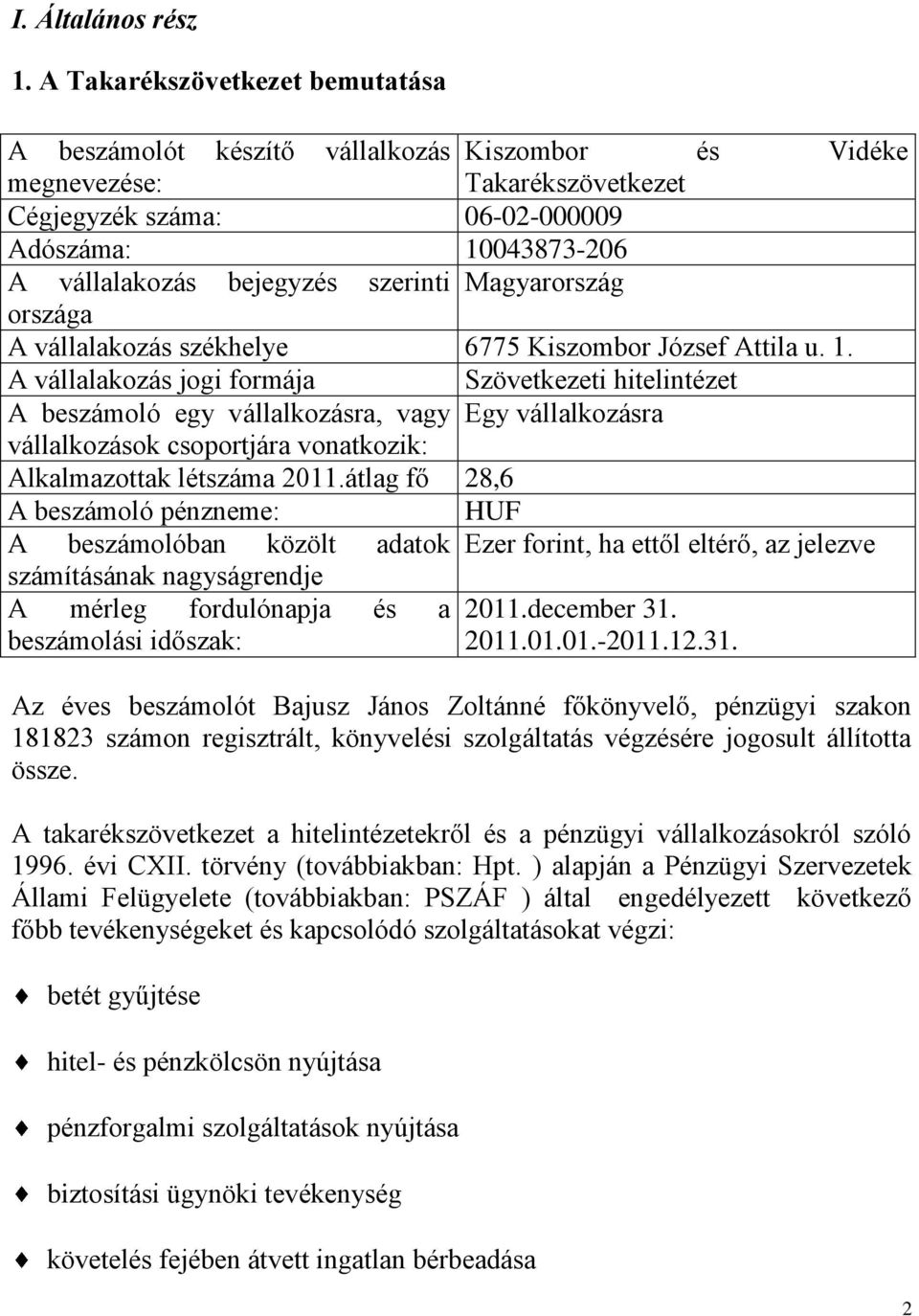 Magyarország országa A vállalakozás székhelye 6775 Kiszombor József Attila u. 1.