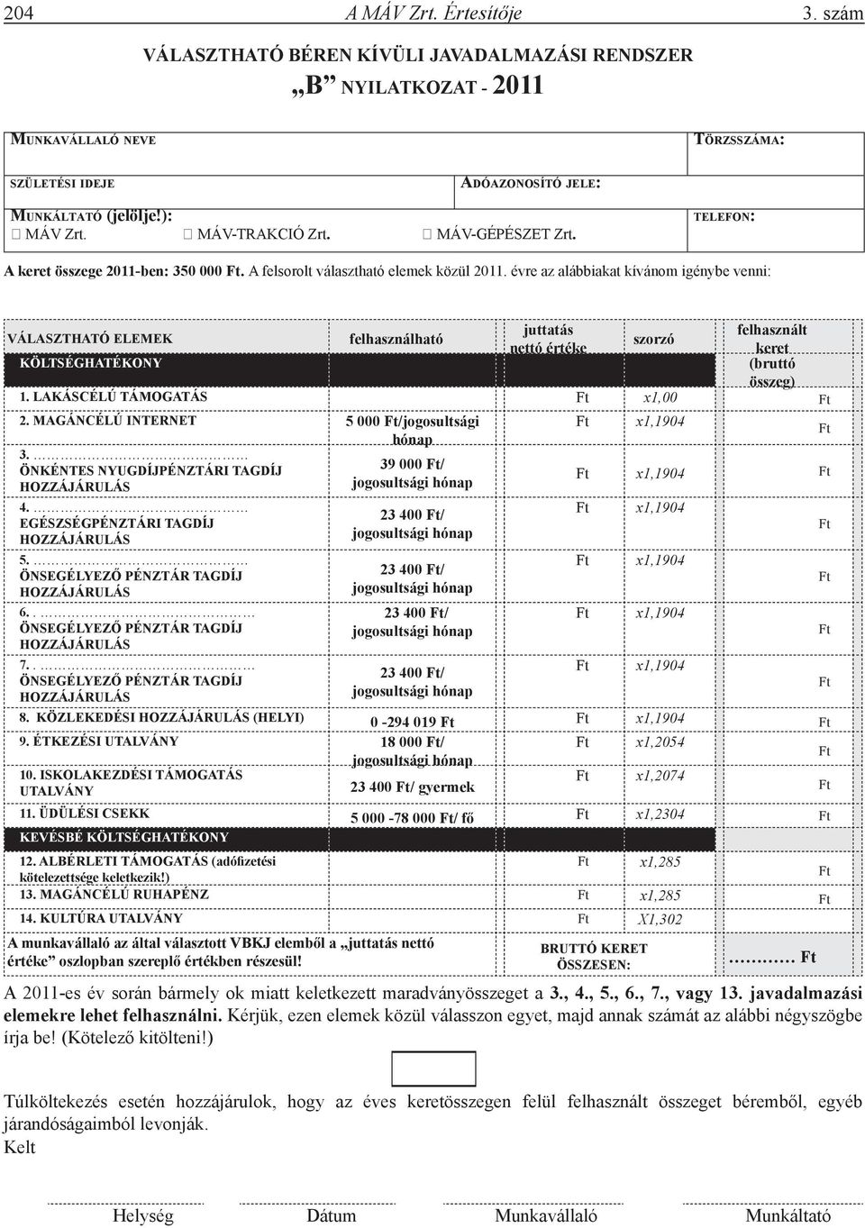 évre az alábbiakat kívánom igénybe venni: VÁLASZTHATÓ ELEMEK felhasználható juttatás felhasznált szorzó nettó értéke keret KÖLTSÉGHATÉKONY (bruttó összeg) 1. LAKÁSÉLÚ TÁMOGATÁS Ft x1,00 Ft 2.