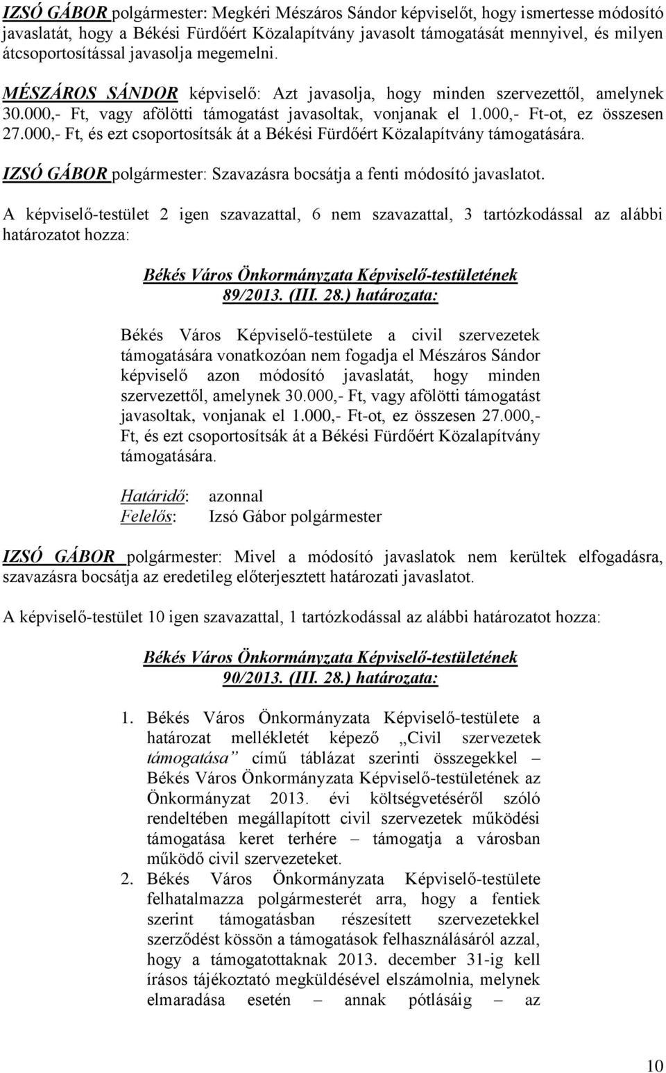 000,- Ft, és ezt csoportosítsák át a Békési Fürdőért Közalapítvány támogatására. IZSÓ GÁBOR polgármester: Szavazásra bocsátja a fenti módosító javaslatot.