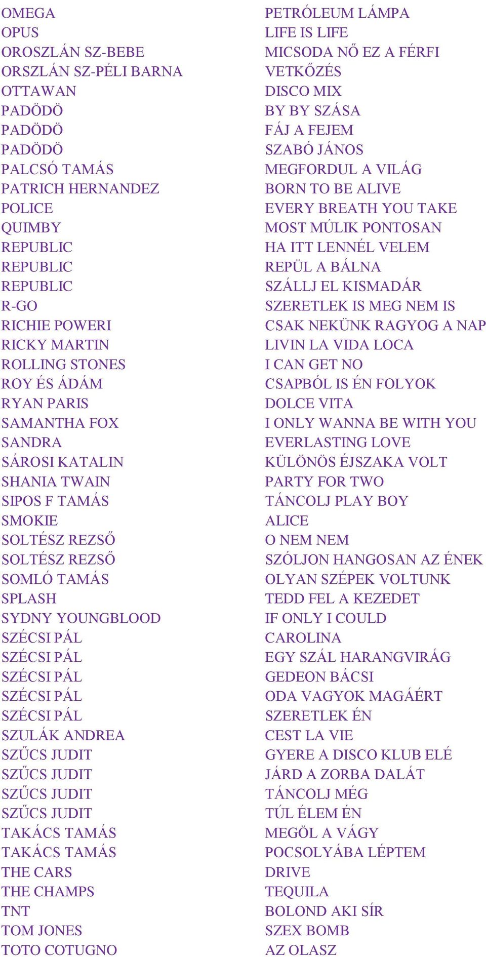 CARS THE CHAMPS TNT TOM JONES TOTO COTUGNO PETRÓLEUM LÁMPA LIFE IS LIFE MICSODA NŐ EZ A FÉRFI VETKŐZÉS DISCO MIX BY BY SZÁSA FÁJ A FEJEM SZABÓ JÁNOS MEGFORDUL A VILÁG BORN TO BE ALIVE EVERY BREATH