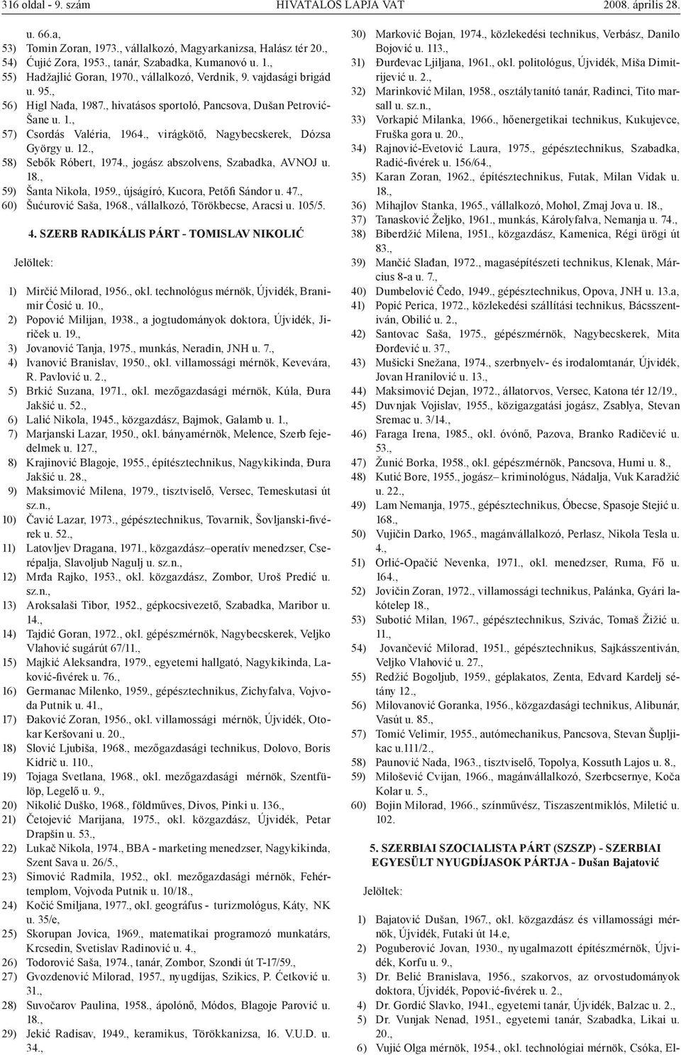 12., 58) Sebők Róbert, 1974., jogász abszolvens, Szabadka, AVNOJ u. 18., 59) Šanta Nikola, 1959., újságíró, Kucora, Petőfi Sándor u. 47., 60) Šućurović Saša, 1968., vállalkozó, Törökbecse, Aracsi u.