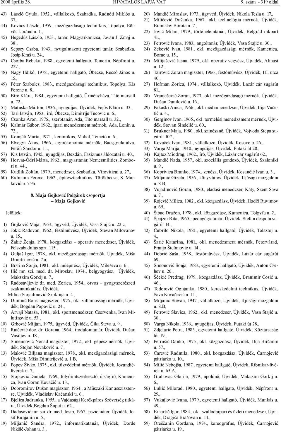 , nyugalmazott egyetemi tanár, Szabadka, Josip Kraš u. 24., 47) Csorba Rebeka, 1988., egyetemi hallgató, Temerin, Népfront u. 227., 48) Nagy Ildikó, 1978., egyetemi hallgató, Óbecse, Recsó János u.