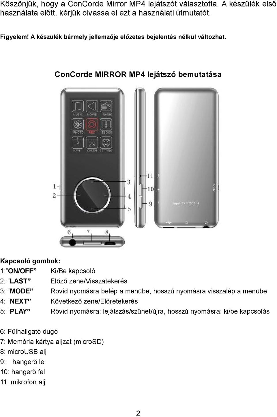 ConCorde MIRROR MP4 lejátszó bemutatása Kapcsoló gombok: 1: ON/OFF Ki/Be kapcsoló 2: LAST Előző zene/visszatekerés 3: MODE Rövid nyomásra belép a menübe, hosszú