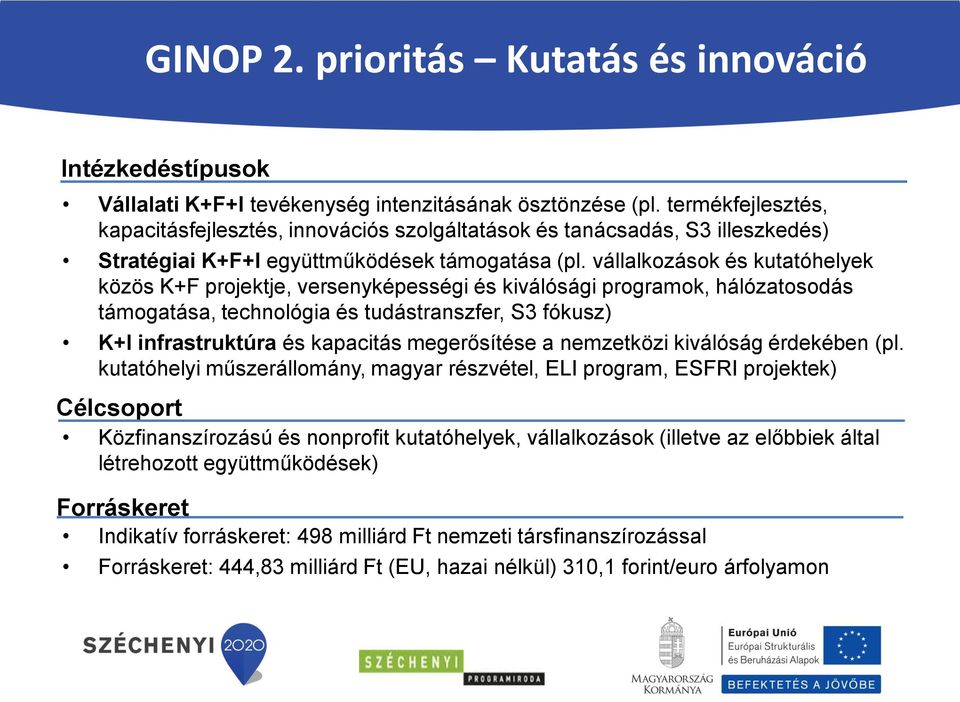 vállalkozások és kutatóhelyek közös K+F projektje, versenyképességi és kiválósági programok, hálózatosodás támogatása, technológia és tudástranszfer, S3 fókusz) K+I infrastruktúra és kapacitás