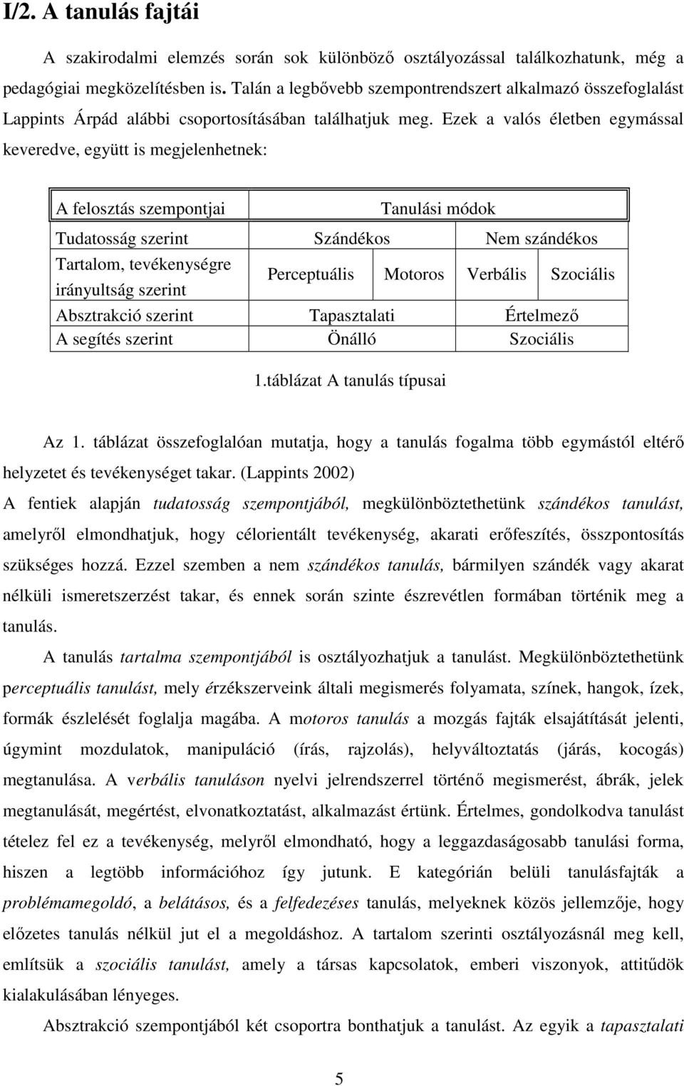 Ezek a valós életben egymással keveredve, együtt is megjelenhetnek: A felosztás szempontjai Tanulási módok Tudatosság szerint Szándékos Nem szándékos Tartalom, tevékenységre Perceptuális Motoros