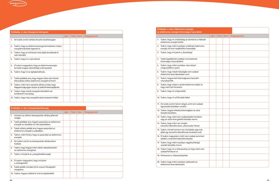 Tudom, hogy az elektromosenergia-termeléshez milyen energiahordozókat égetnek el. 2. Tudom, hogy miért veszélyes a hálózati elektromos energia, ha nem megfelelően használják. 3.