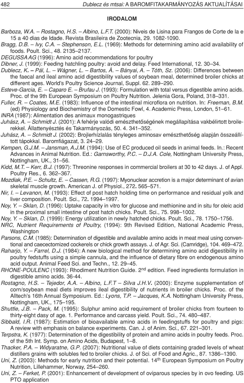 DEGUSSA AG (1996): Amino acid recommendations for poultry Dibner, J. (1999): Feeding hatchling poultry: avoid and delay. Feed International, 12. 30 34. Dublecz, K. Pál, L. Wágner, L. Bartos, Á.