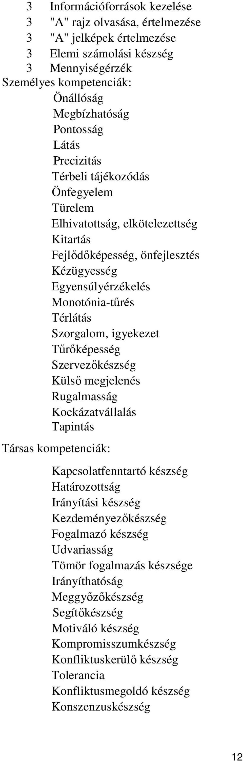 Tűrőképesség Szervezőkészség Külső megjelenés Rugalmasság Kockázatvállalás Tapintás Társas kompetenciák: Kapcsolatfenntartó készség Határozottság Irányítási készség Kezdeményezőkészség Fogalmazó