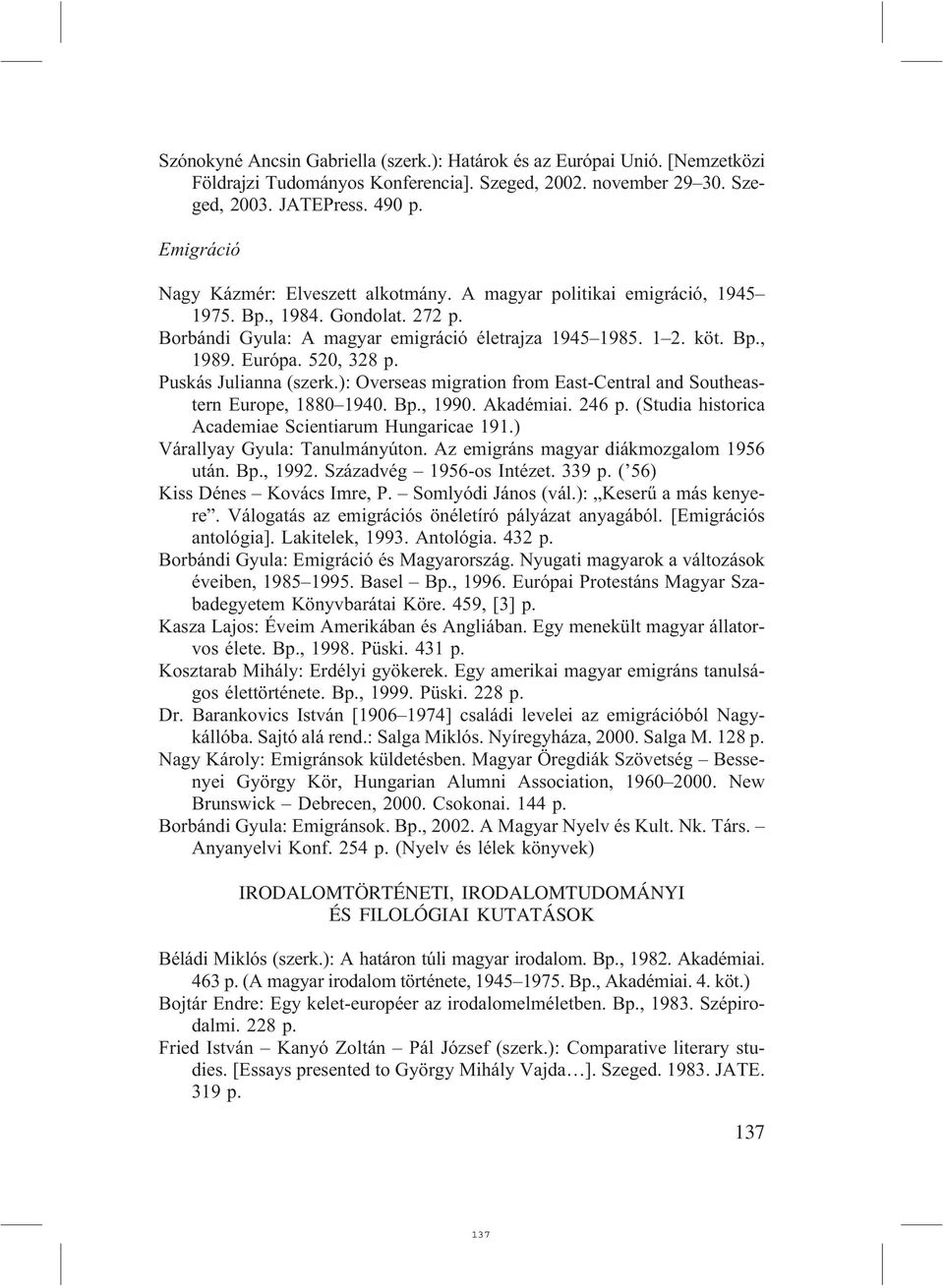 520, 328 p. Puskás Julianna (szerk.): Overseas migration from East-Central and Southeastern Europe, 1880 1940. Bp., 1990. Akadémiai. 246 p. (Studia historica Academiae Scientiarum Hungaricae 191.