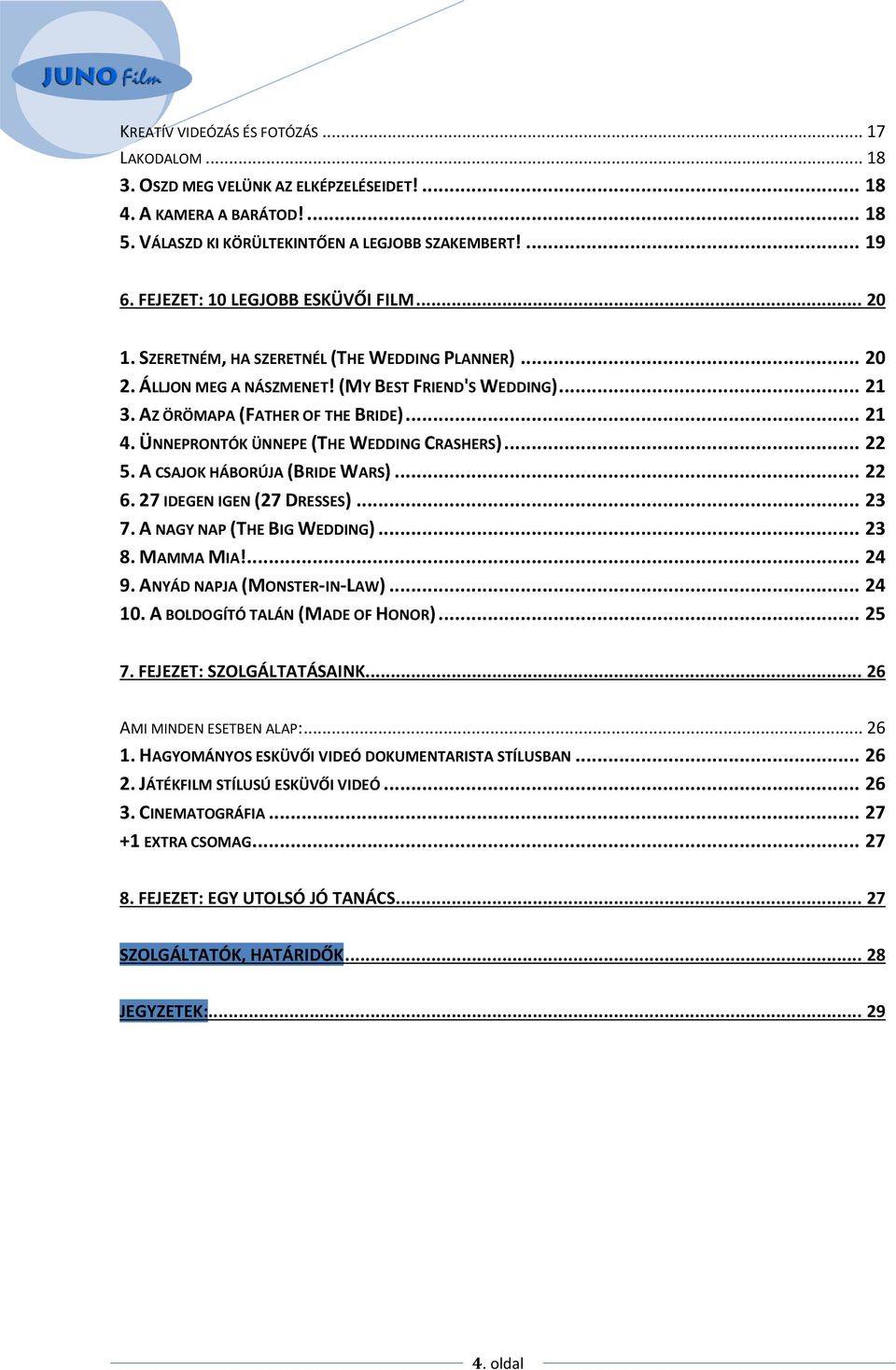 ÜNNEPRONTÓK ÜNNEPE (THE WEDDING CRASHERS)... 22 5. A CSAJOK HÁBORÚJA (BRIDE WARS)... 22 6. 27 IDEGEN IGEN (27 DRESSES)... 23 7. A NAGY NAP (THE BIG WEDDING)... 23 8. MAMMA MIA!... 24 9.