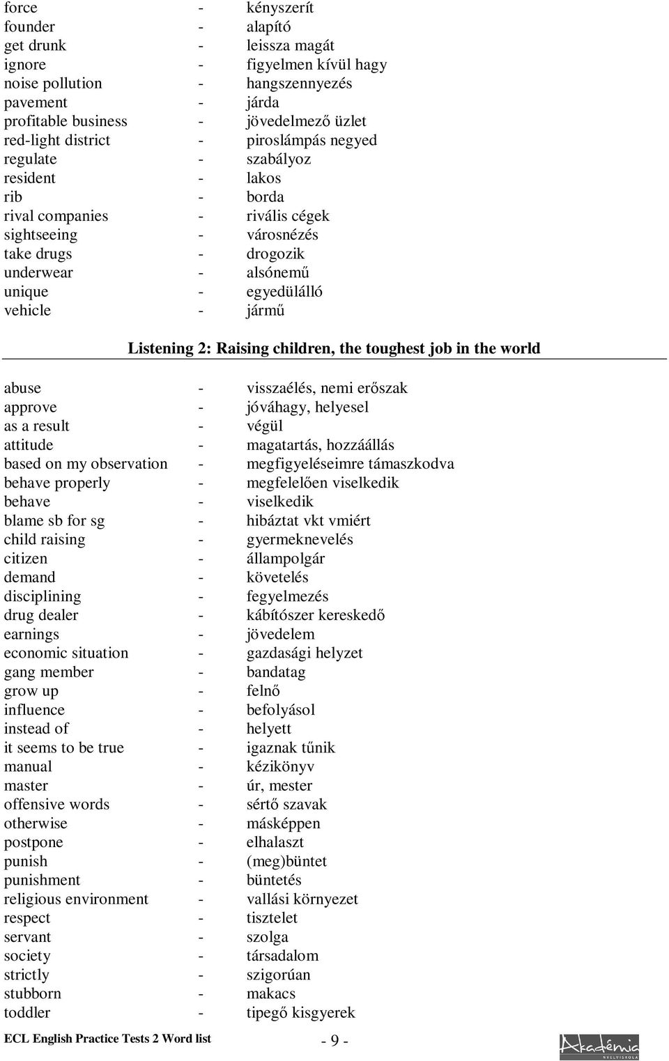 egyedülálló vehicle - jármű Listening 2: Raising children, the toughest job in the world abuse - visszaélés, nemi erőszak approve - jóváhagy, helyesel as a result - végül attitude - magatartás,
