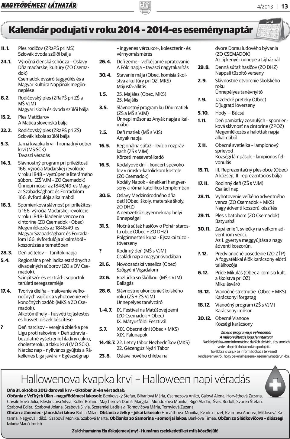 Jarná kvapka krvi - hromadný odber krvi (MS SČK) Tavaszi véradás 14. 3. Slávnostný program pri príležitosti 166.