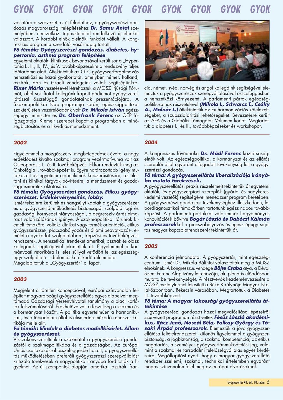 Fő témák: Gyógyszerészi gondozás, diabetes, hy - pertonia, asthma program felépítése Egyetemi oktatók, klinikusok bevonásával került sor a Hypertonia I., II., II., IV., és V.