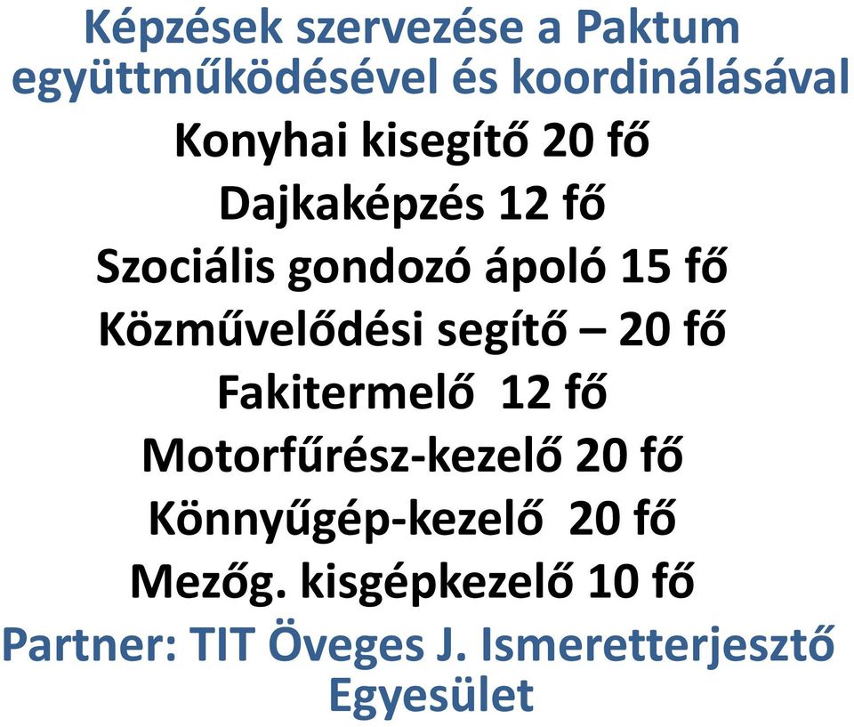 segítő 20 fő Fakitermelő 12 fő Motorfűrész-kezelő 20 fő Könnyűgép-kezelő 20