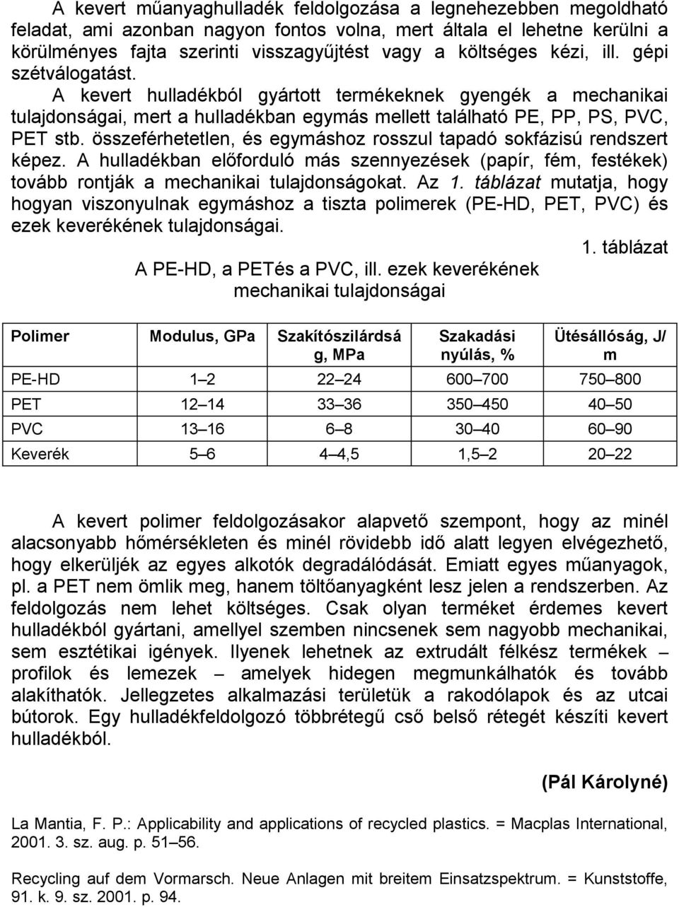 összeférhetetlen, és egymáshoz rosszul tapadó sokfázisú rendszert képez. A hulladékban előforduló más szennyezések (papír, fém, festékek) tovább rontják a mechanikai tulajdonságokat. Az 1.