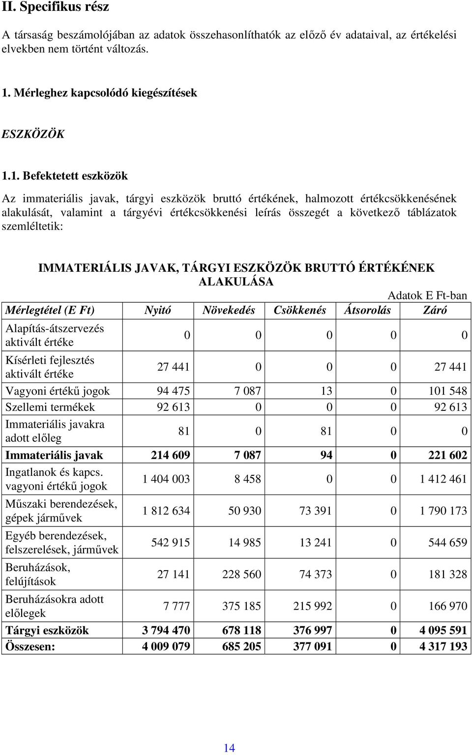 1. Befektetett eszközök Az immateriális javak, tárgyi eszközök bruttó értékének, halmozott értékcsökkenésének alakulását, valamint a tárgyévi értékcsökkenési leírás összegét a következő táblázatok