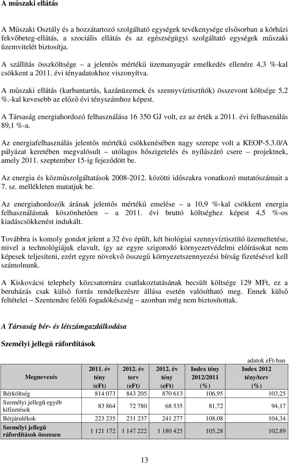 A műszaki ellátás (karbantartás, kazánüzemek és szennyvíztisztítók) összevont költsége 5,2 %.-kal kevesebb az előző évi tényszámhoz képest.