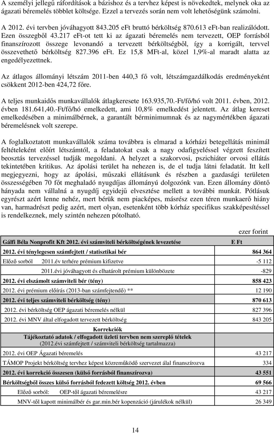 217 eft-ot tett ki az ágazati béremelés nem tervezett, OEP forrásból finanszírozott összege levonandó a tervezett bérköltségből, így a korrigált, tervvel összevethető bérköltség 827.396 eft.