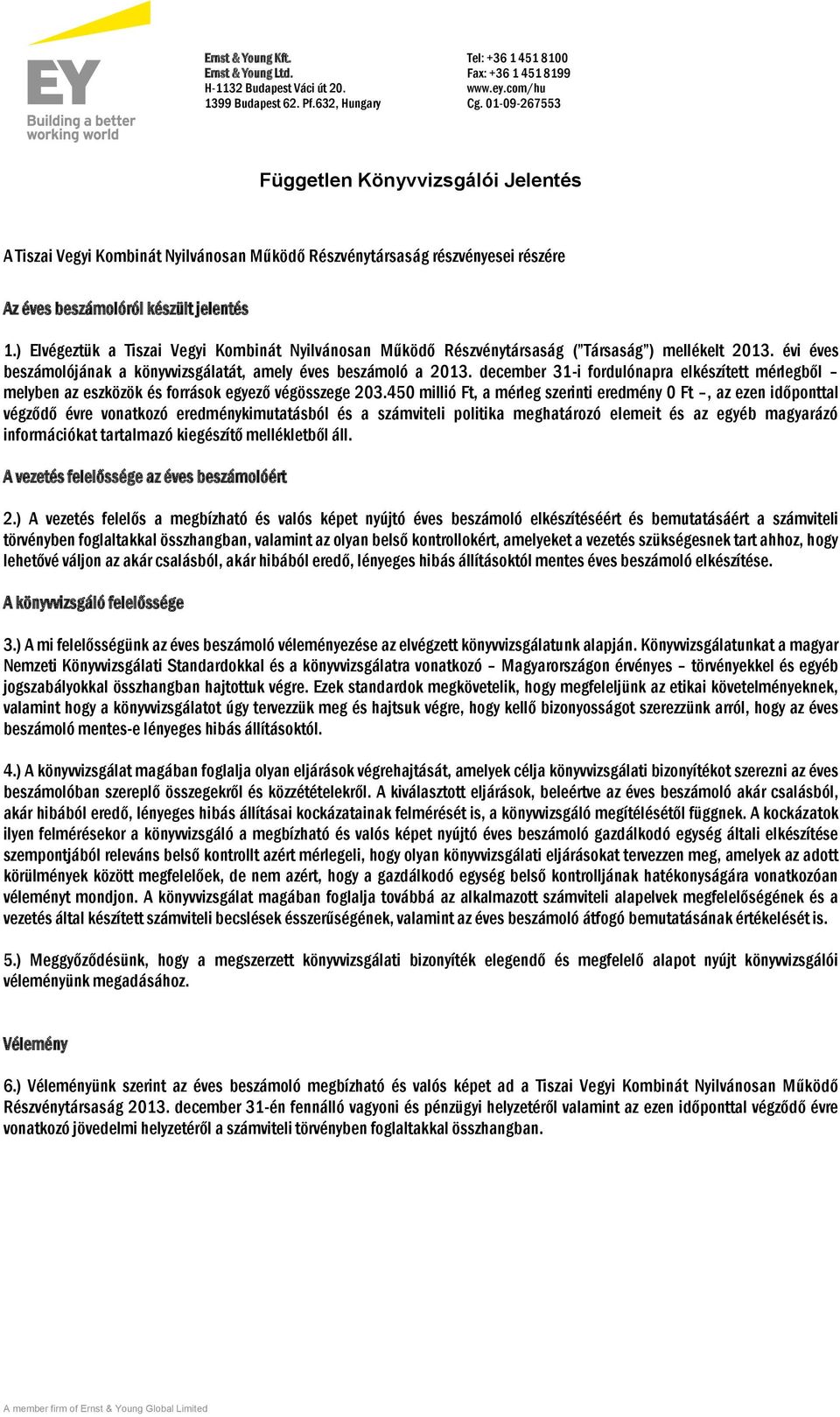 ) Elvégeztük a Tiszai Vegyi Kombinát Nyilvánosan Működő Részvénytársaság ( Társaság ) mellékelt 2013. évi éves beszámolójának a könyvvizsgálatát, amely éves beszámoló a 2013.