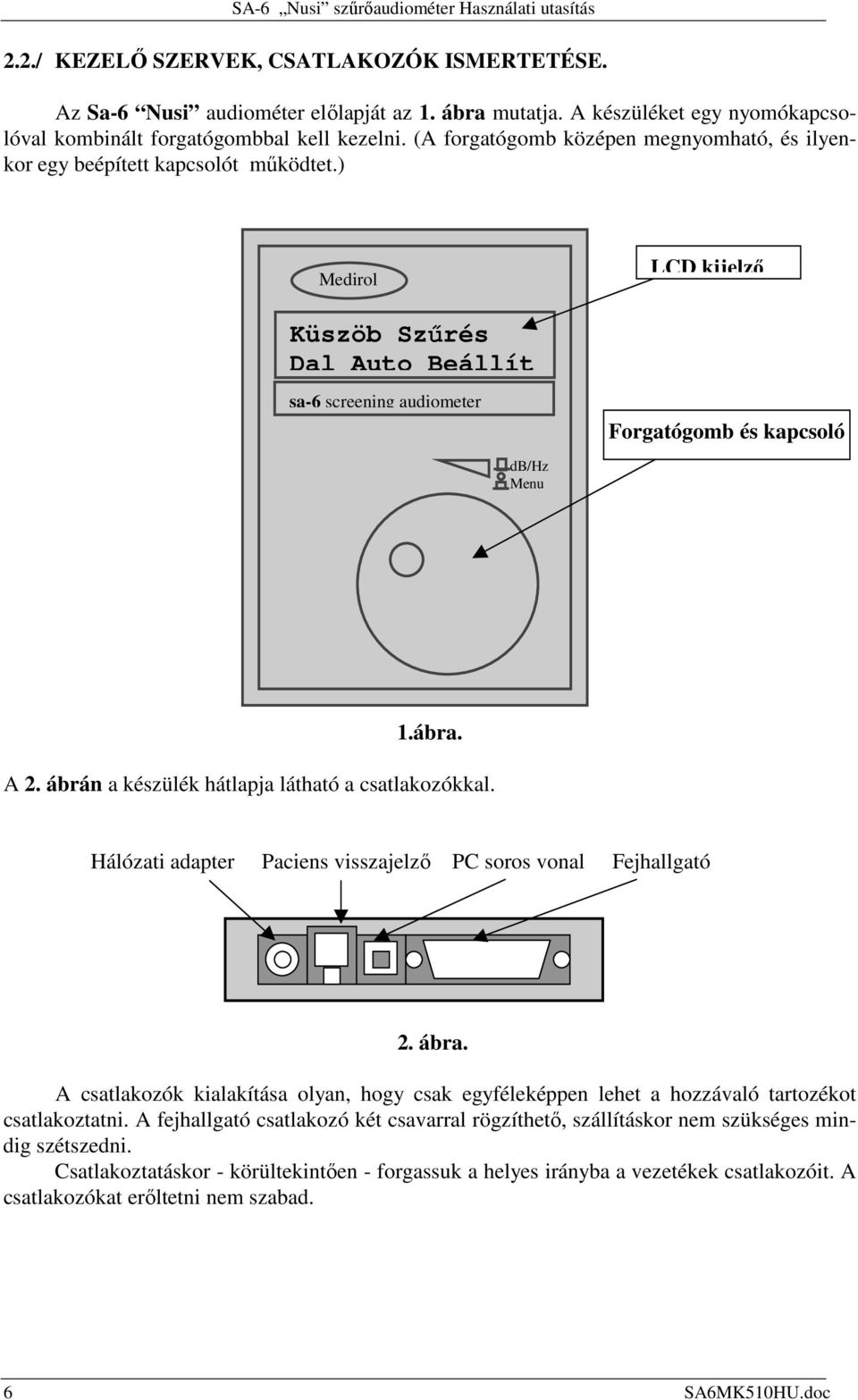 ) Medirol LCD kijelzı Küszöb Szőrés Dal Auto Beállít sa-6 screening audiometer Medirol db/hz Menu Forgatógomb és kapcsoló 1.ábra. A 2. ábrán a készülék hátlapja látható a csatlakozókkal.