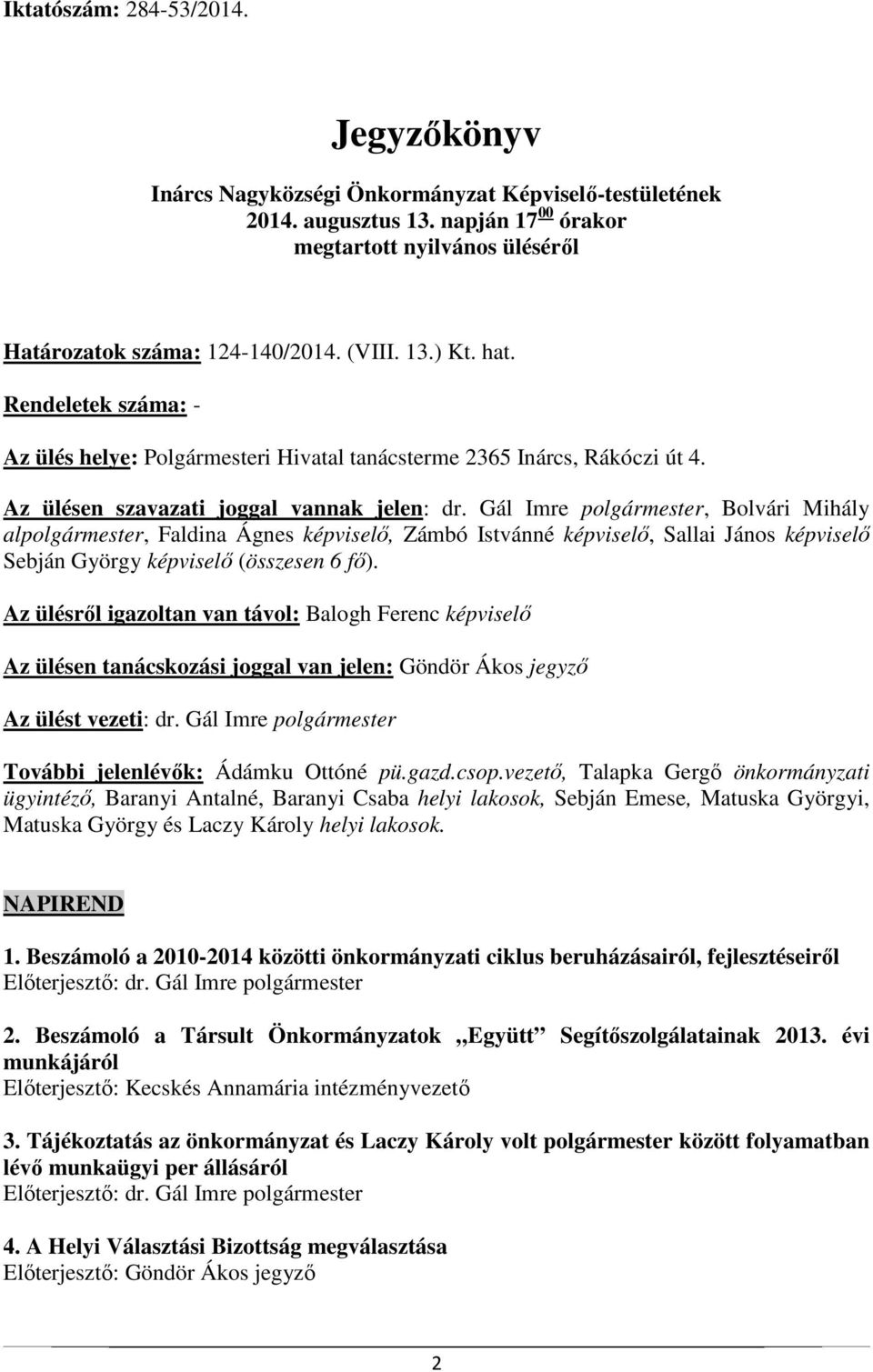 Gál Imre polgármester, Bolvári Mihály alpolgármester, Faldina Ágnes képviselő, Zámbó Istvánné képviselő, Sallai János képviselő Sebján György képviselő (összesen 6 fő).