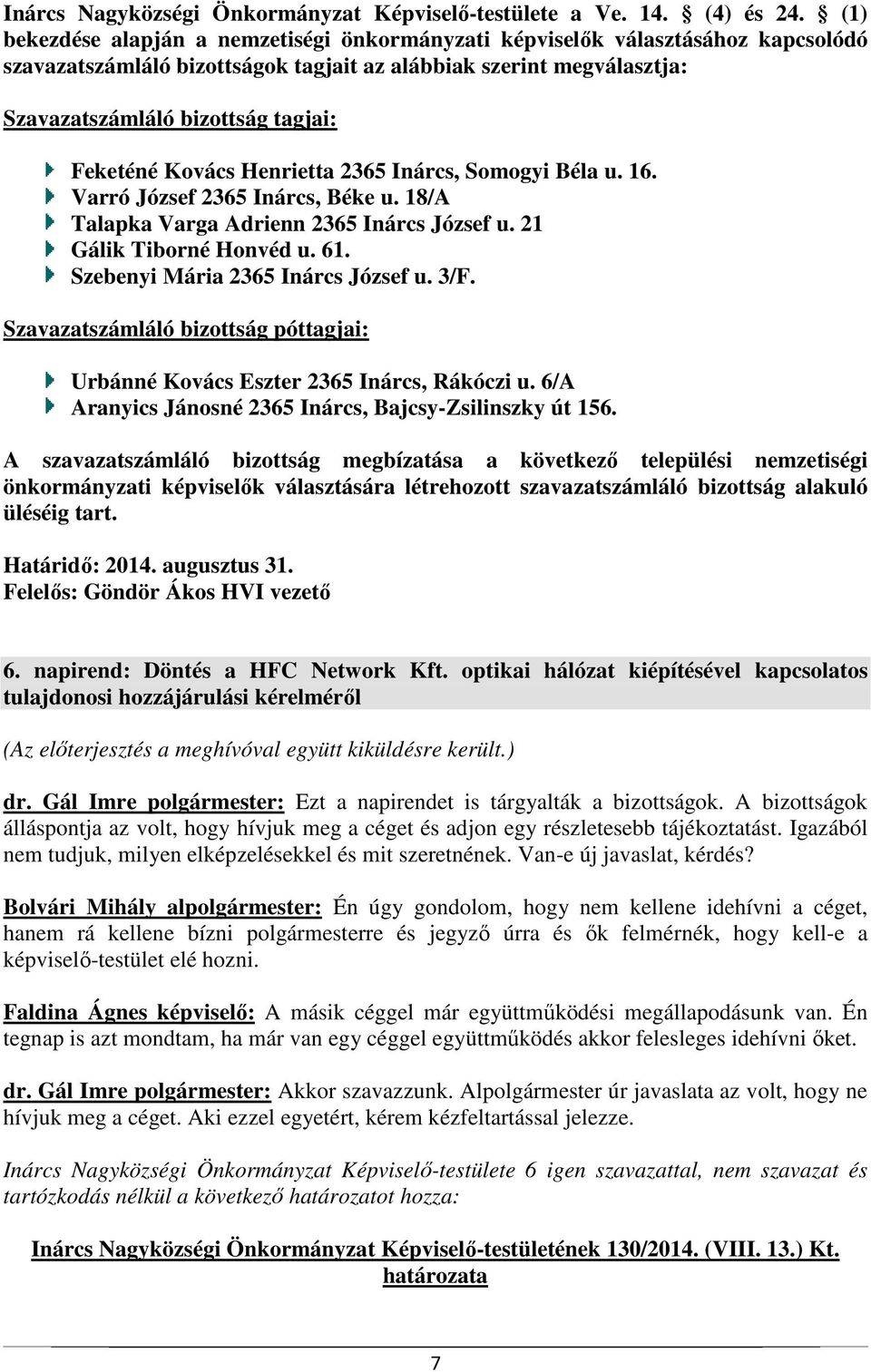 Feketéné Kovács Henrietta 2365 Inárcs, Somogyi Béla u. 16. Varró József 2365 Inárcs, Béke u. 18/A Talapka Varga Adrienn 2365 Inárcs József u. 21 Gálik Tiborné Honvéd u. 61.