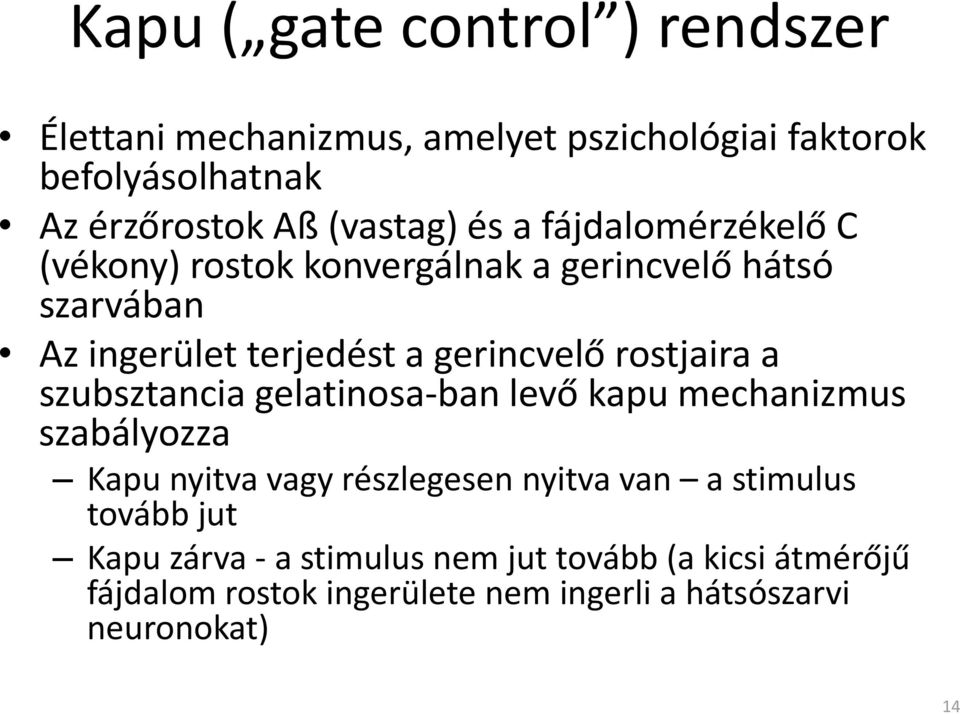 gerincvelő rostjaira a szubsztancia gelatinosa ban levő kapu mechanizmus szabályozza Kapu nyitva vagy részlegesen nyitva van