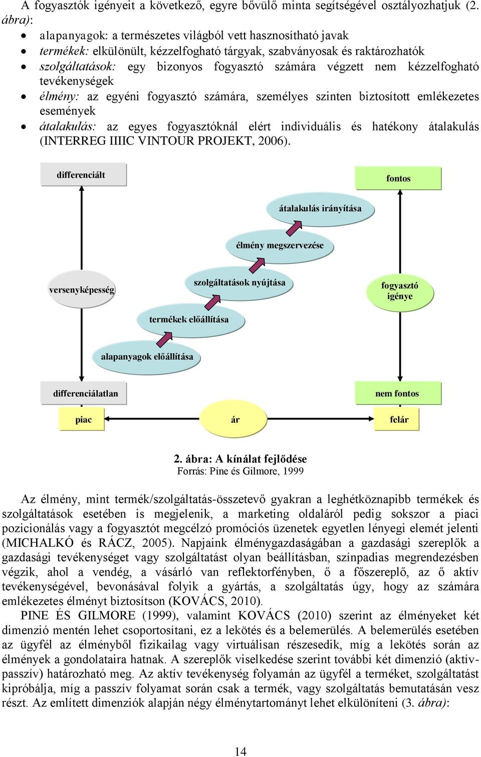 nem kézzelfogható tevékenységek élmény: az egyéni fogyasztó számára, személyes szinten biztosított emlékezetes események átalakulás: az egyes fogyasztóknál elért individuális és hatékony átalakulás