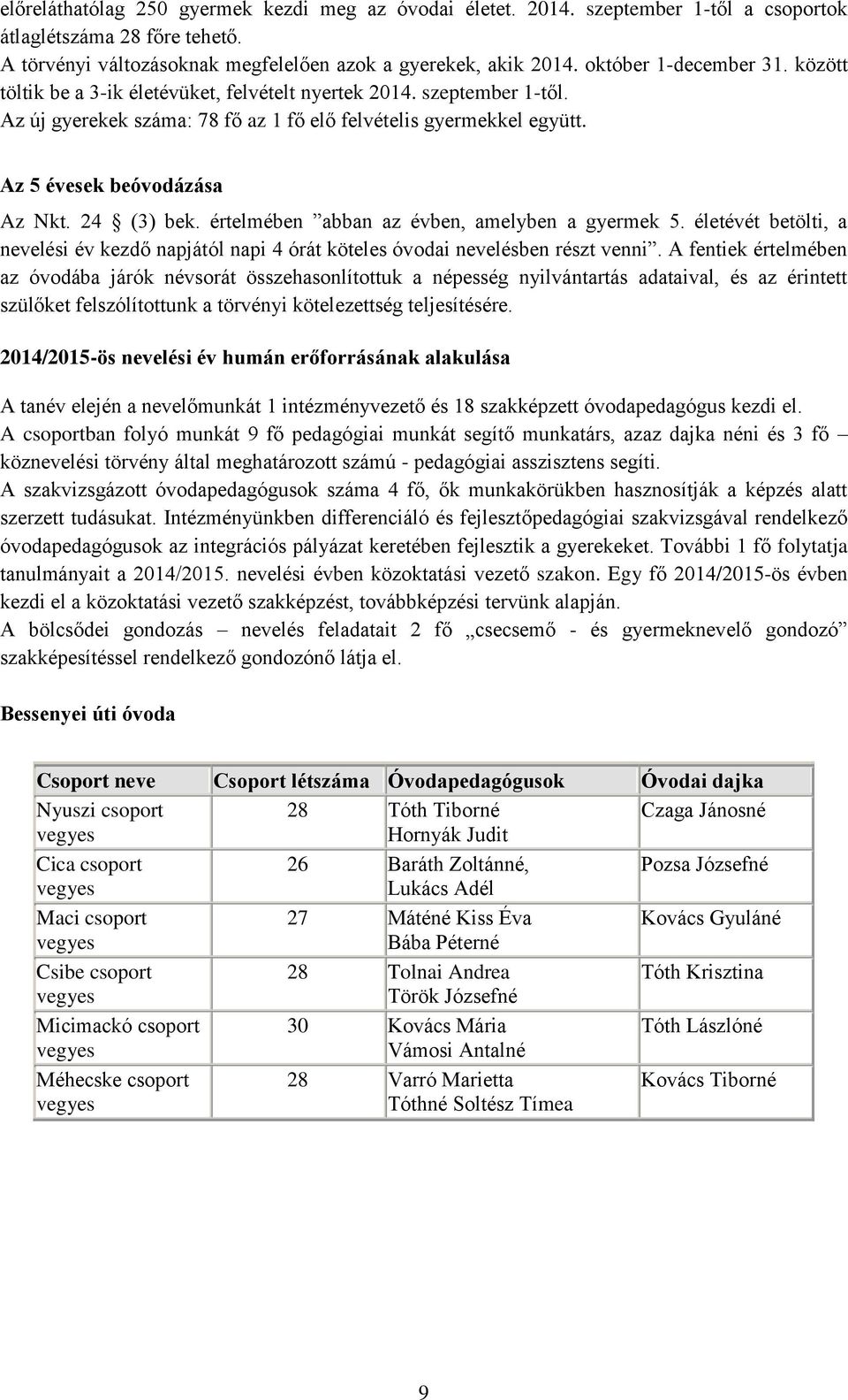 Az 5 évesek beóvodázása Az Nkt. 24 (3) bek. értelmében abban az évben, amelyben a gyermek 5. életévét betölti, a nevelési év kezdő napjától napi 4 órát köteles óvodai nevelésben részt venni.