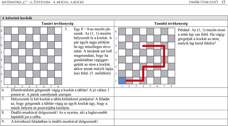 melléklet) Tanulói tevékenység Például: Az (1; 1) mezőn most a sötét lap van felül. Ha végiggörgetjük a kockát az úton, melyik lap kerül felülre? 6. Ellenőrzésként görgessük végig a kockát a táblán!