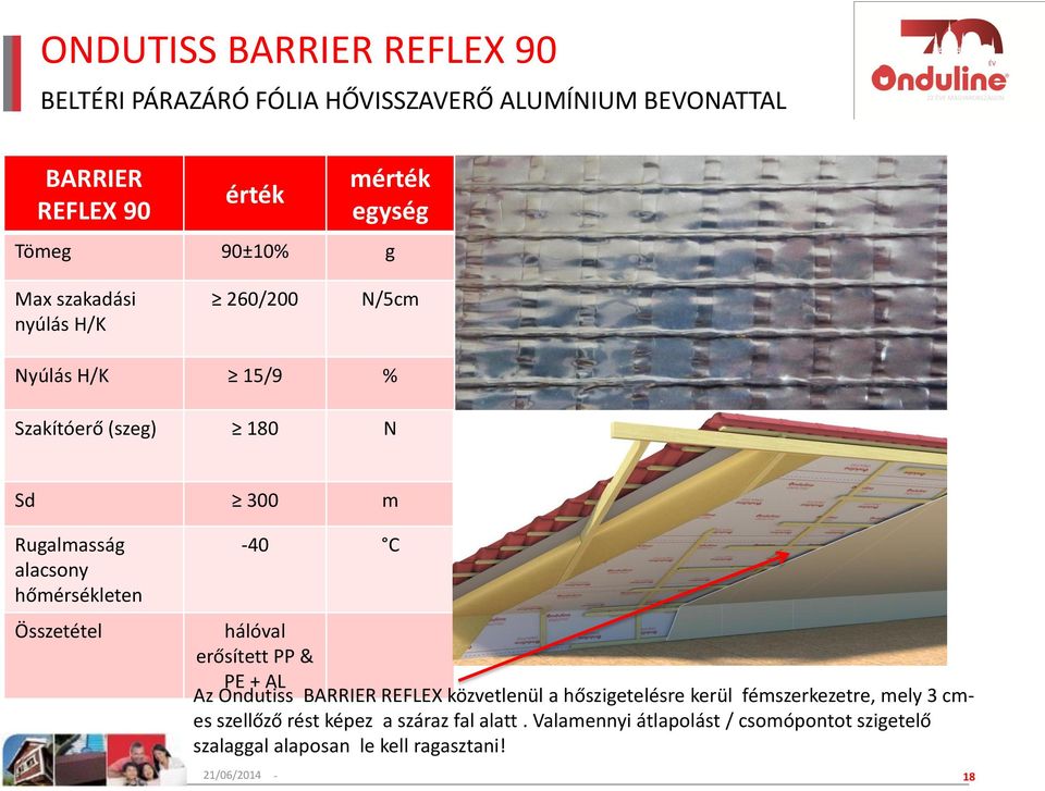 AL Az Ondutiss BARRIER REFLEX közvetlenül a hőszigetelésre kerül fémszerkezetre, mely 3 cmes szellőző rést