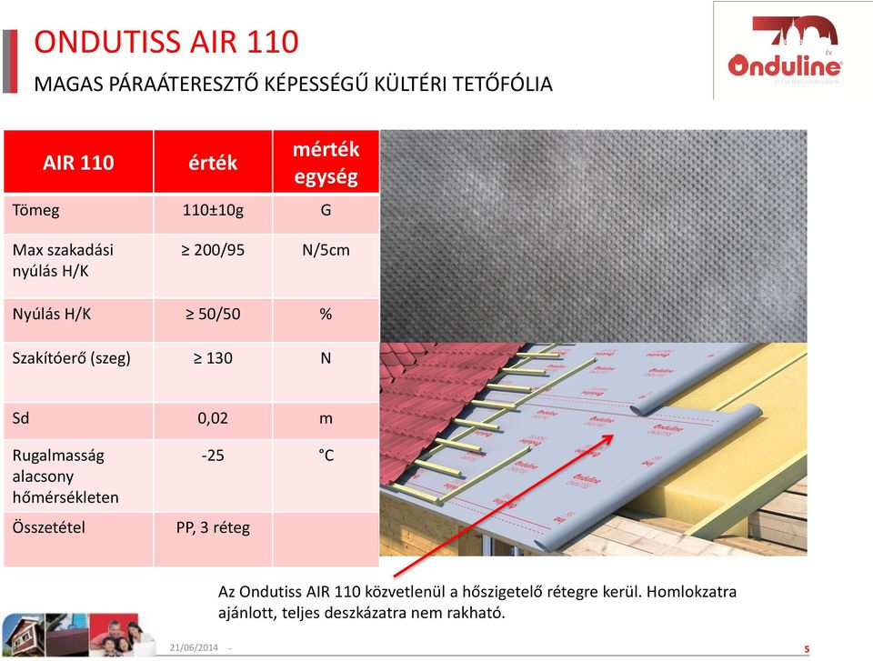 Sd 0,02 m -25 C PP, 3 réteg Az Ondutiss AIR 110 közvetlenül a