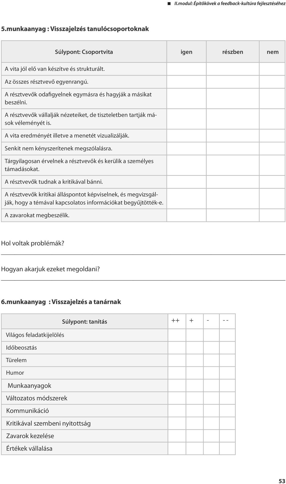 Senkit nem kényszerítenek megszólalásra. Tárgyilagosan érvelnek a résztvevők és kerülik a személyes támadásokat. A résztvevők tudnak a kritikával bánni.