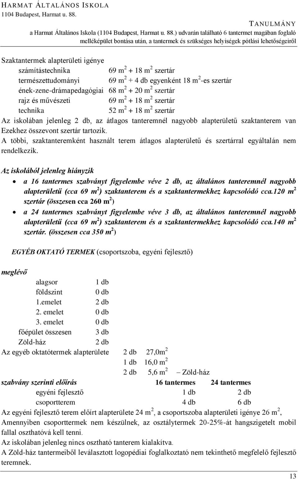 ) udvarán találhat 6 tantermet magában foglal melléképület bontása után, a tantermek és szükséges helyiségek ptlási lehetőségeiről Szaktantermek alapterületi igénye számítástechnika 69 m 2 + 18 m 2