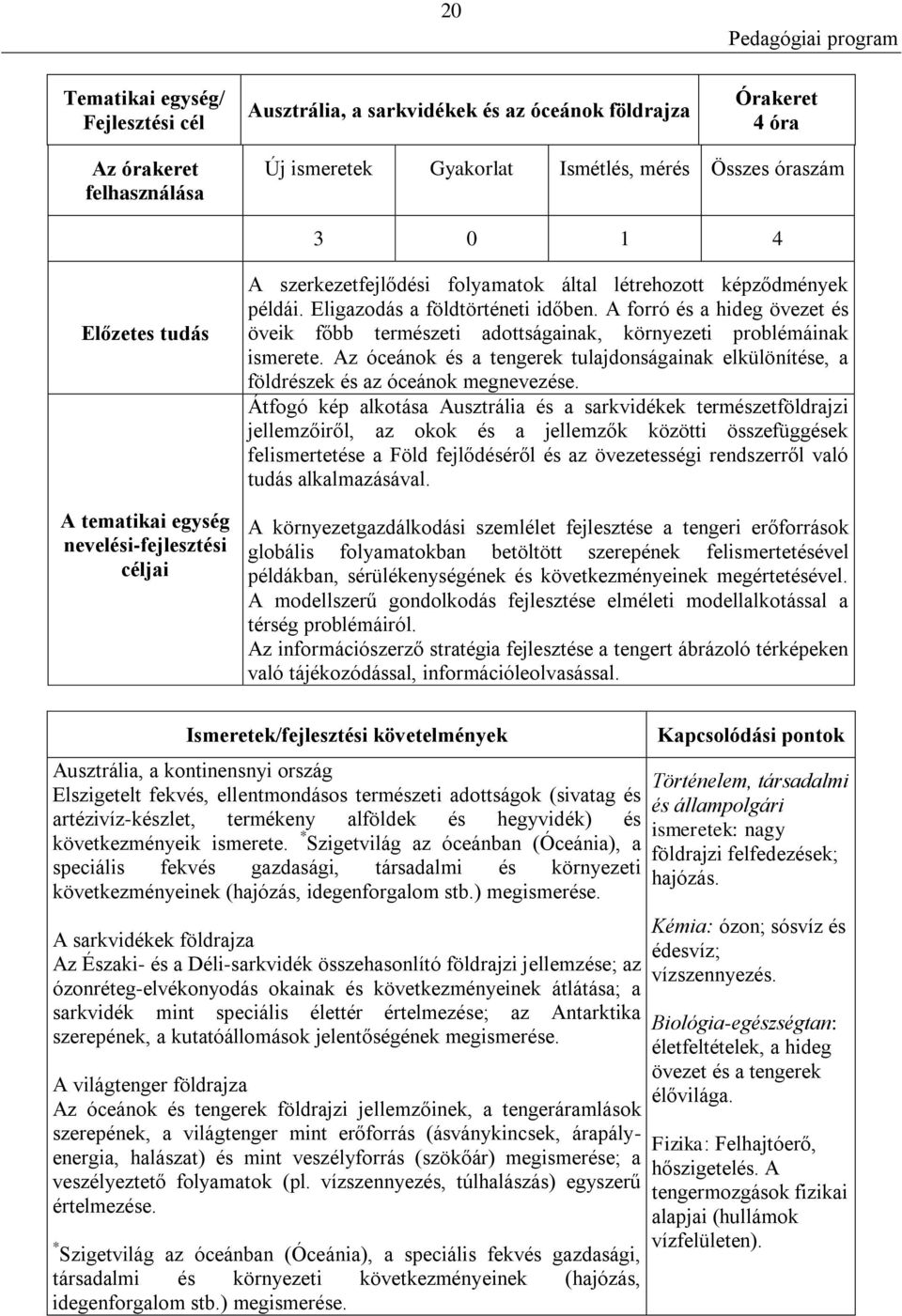 A forró és a hideg övezet és öveik főbb természeti adottságainak, környezeti problémáinak ismerete. Az óceánok és a tengerek tulajdonságainak elkülönítése, a földrészek és az óceánok megnevezése.