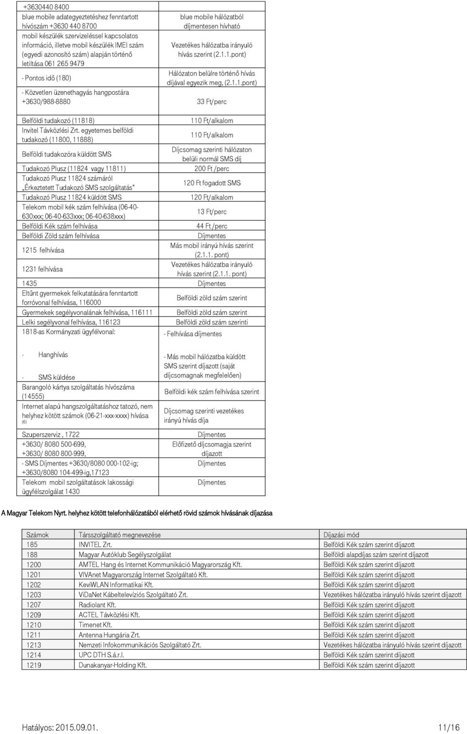 1.1.pont) - Közvetlen üzenethagyás hangpostára +3630/988-8880 /perc Belföldi tudakozó (11818) 11/alkalom Invitel Távközlési Zrt.