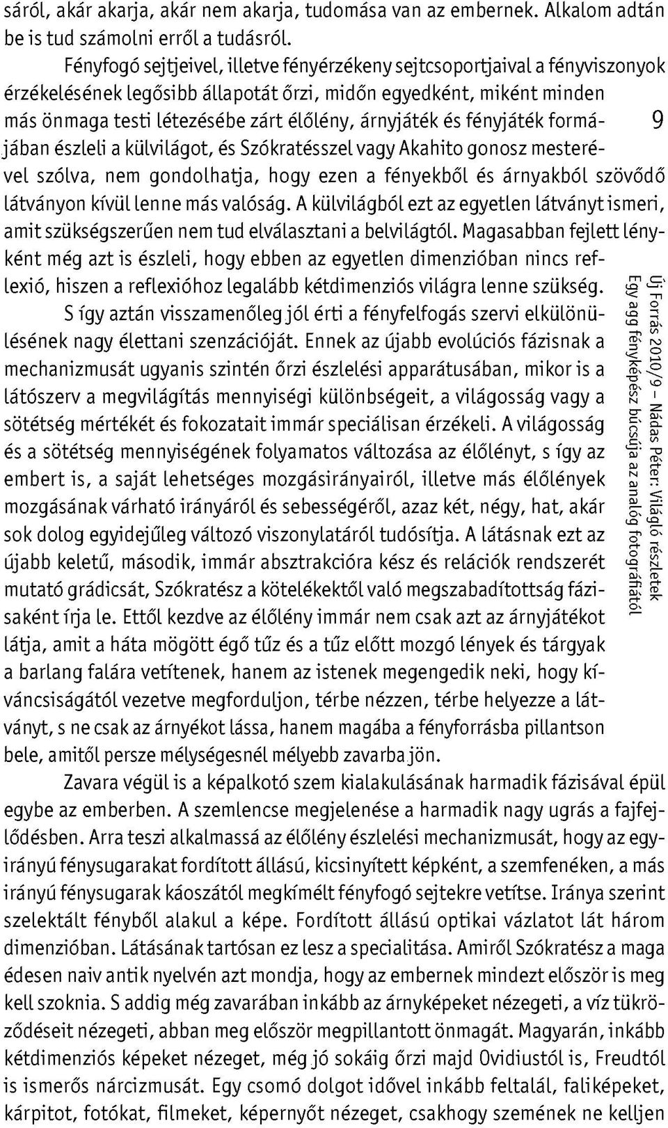 és fényjáték formá- 9 jában észleli a külvilágot, és Szókratésszel vagy Akahito gonosz mesterével szólva, nem gondolhatja, hogy ezen a fényekből és árnyakból szövődő látványon kívül lenne más valóság.